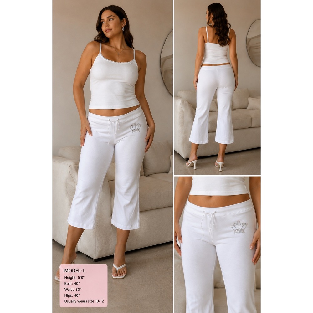 VTG Y2K David's Bridal White Rhinestone Crown Cropped Lounge Pants Cotton size L